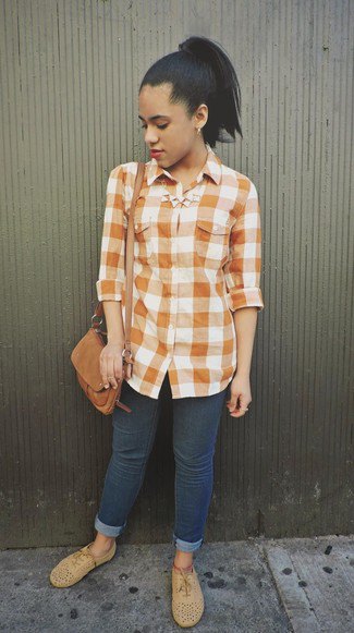 green and white plaid shirt with dark blue cuffed skinny jeans and suede oxford shoes