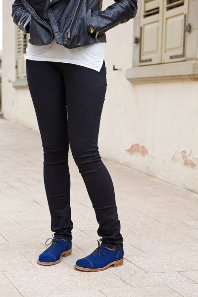 black leather jacket with white t-shirt and dark blue suede oxford shoes