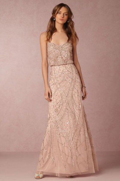 Spaghetti strap rose gold maxi dress with ruched waist