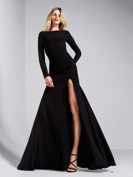 long sleeve split black maxi dress