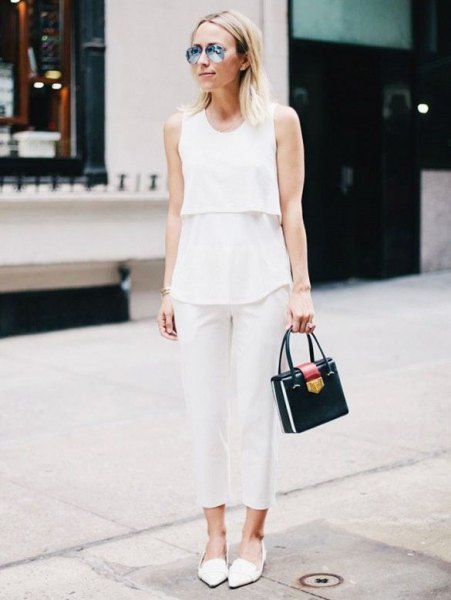 white sleeveless top with cropped linen pants