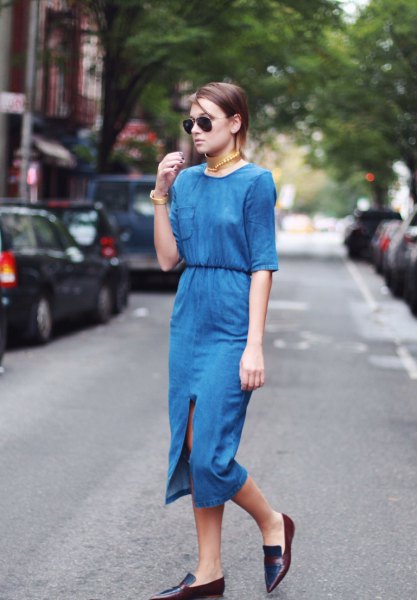 blue two piece midi dress with half sleeves and pointy leather shoes