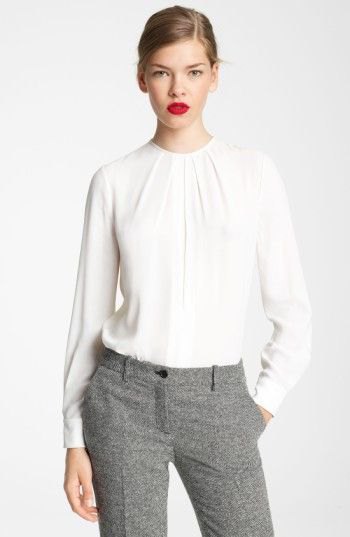 White long sleeve relaxed fit crew neck blouse and tweed pants