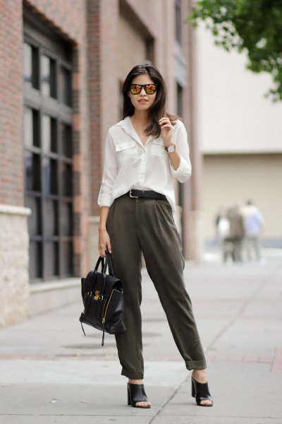 white long sleeve blouse with gray straight leg chinos with cuffs
