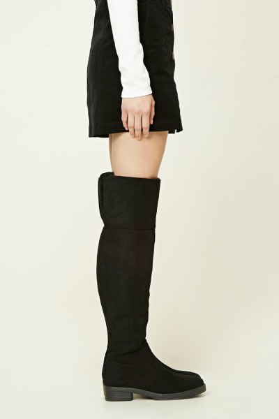 black suede fold over knee over boots with shift dress