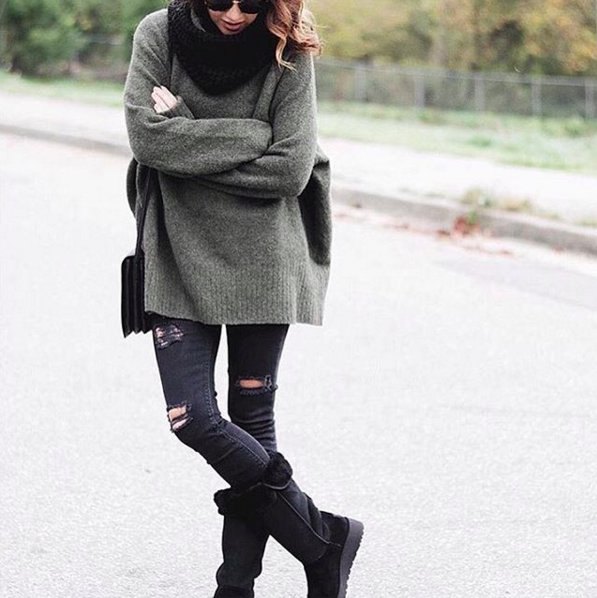 black calf folds over boots, gray chunky knit sweater