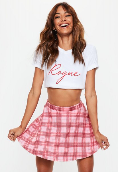 white cropped graphic t-shirt with pink plaid mini skirt