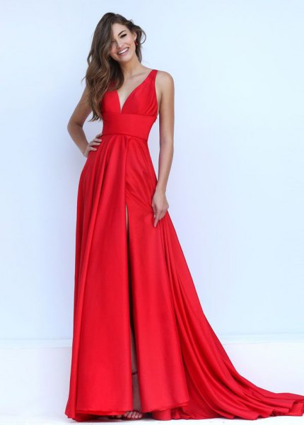 red satin long flowing dress