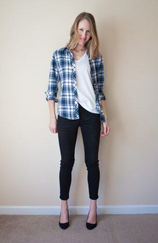 Boyfriend plaid shirt with white scoop neck t-shirt and ballet flats