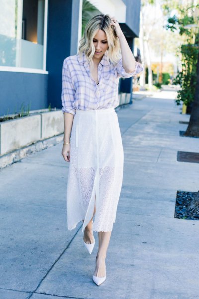 Sky blue and white plaid shirt and maxi skirt