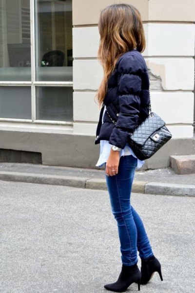 white shirt with shirt and skinny jeans puffer jacket