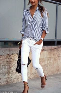 dark blue and white striped button down shirt and ripped white skinny jeans