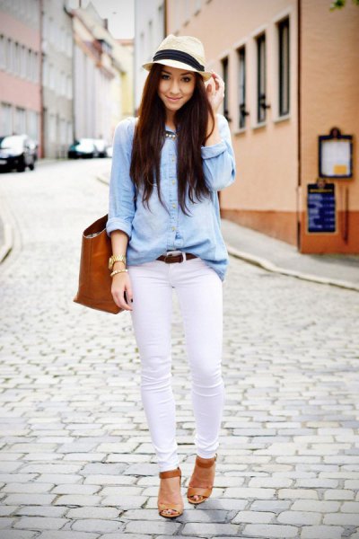 light blue chambray shirt with white skinny jeans and straw hat