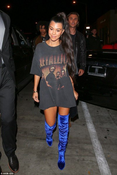 gray printed t-shirt dress with royal blue velvet thigh-high boots