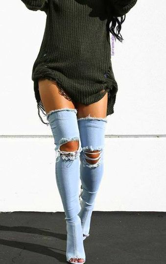 gray ribbed sweater dress with thigh high denim boots