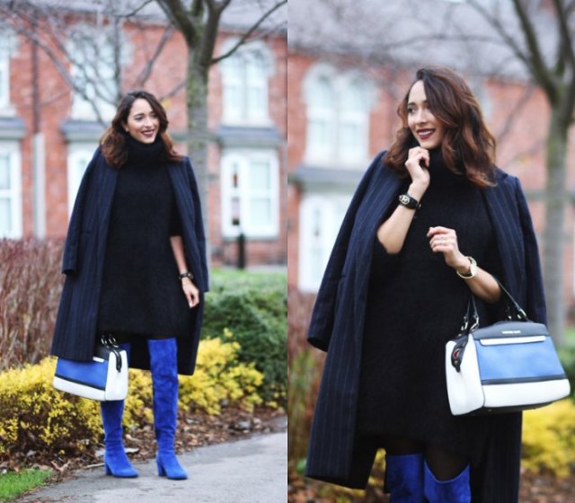 dark blue striped longline blazer with overknee boots made of royal blue suede