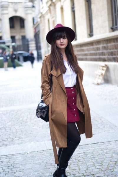 Trench coat with a burgundy skirt