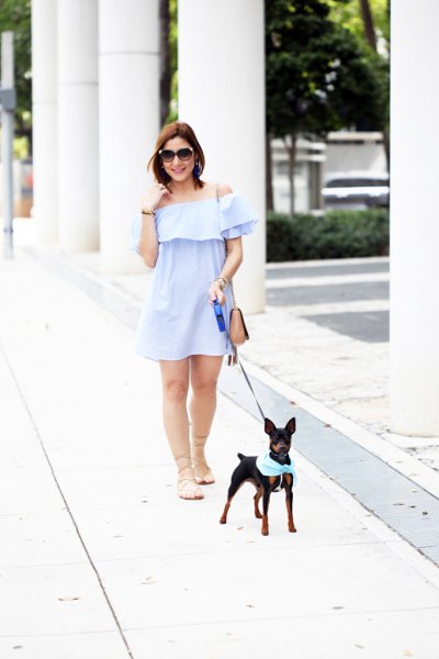 Light blue strapless mini swing dress with nude strappy flat sandals