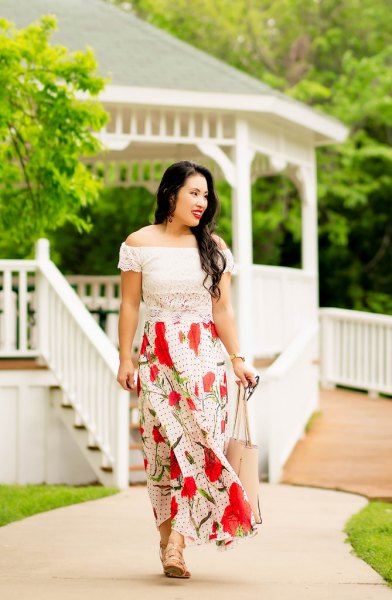 white lace blouse with red maxi skirt and nude sandals