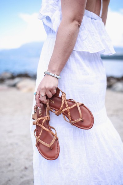 white tank maxi dress with brown hiking sandals