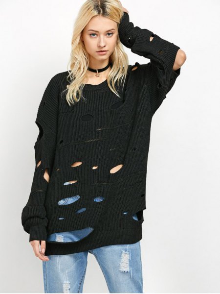 black ripped oversized knit sweater boyfriend jeans