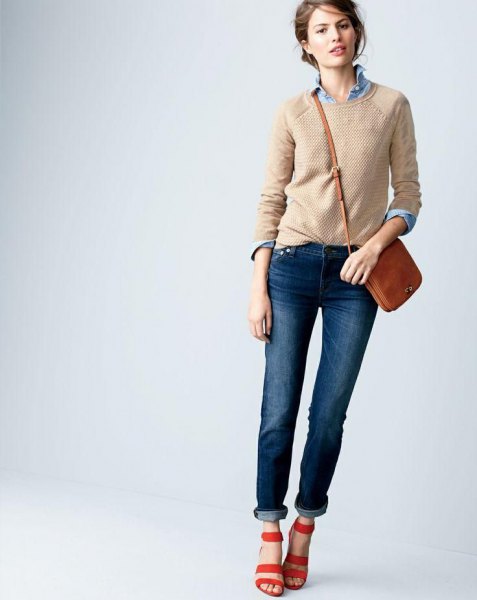 Crew neck crepe sweater over chambray shirt