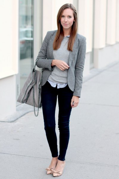 gray knitted bodycon sweater blue button down shirt