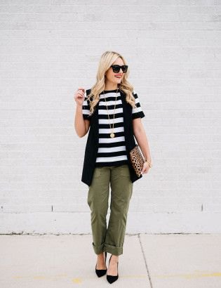 black and white striped t-shirt with waistcoat and cuffed pants