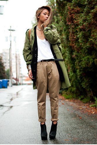 green longline military jacket with white tank top and cuffed chinos