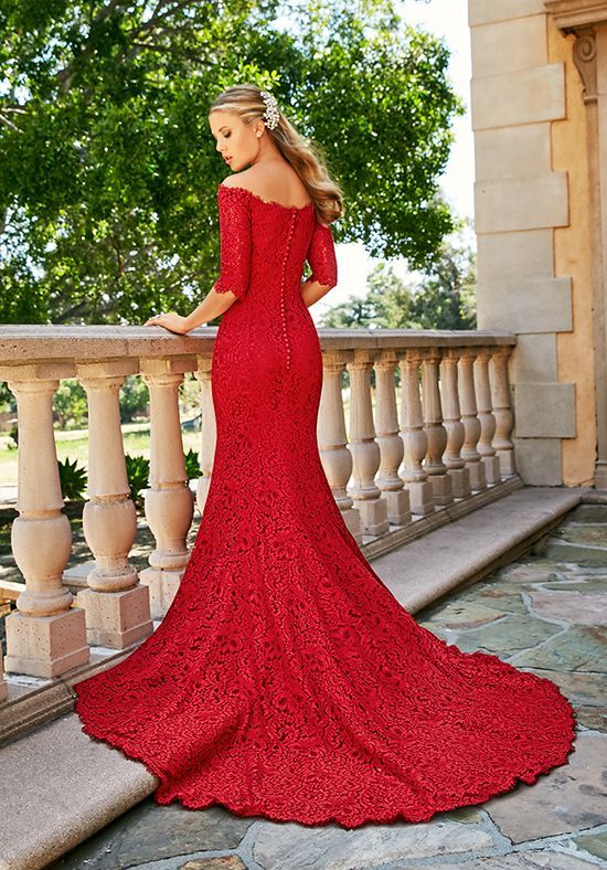red mermaid dress lace off the shoulders