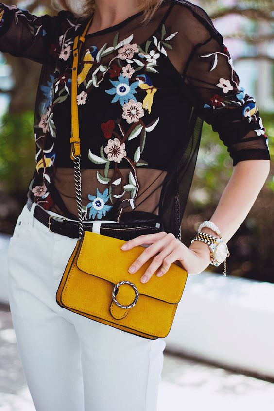 embroidered mesh top white jeans yellow bag