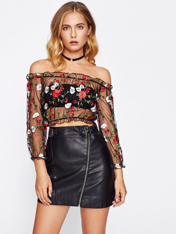 Shoulder embroidered leather skirt with mesh bodice 