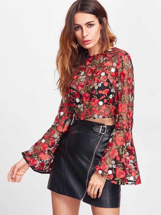 embroidered mesh top leather mini skirt