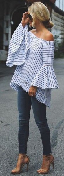 striped strapless top outfit with bell sleeves