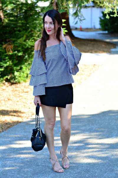 strapless plaid bell sleeve top