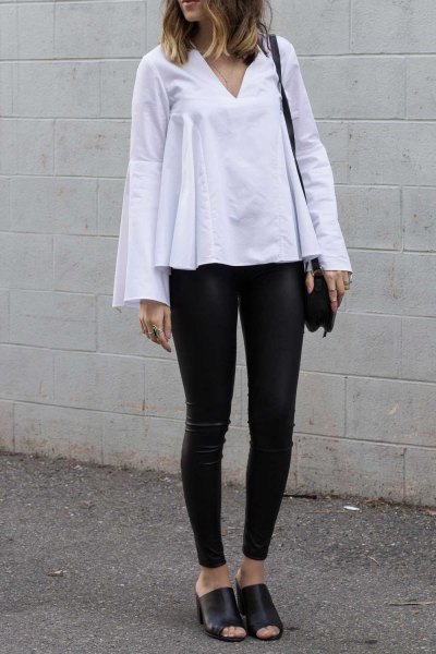 white leather leggings with bell sleeves