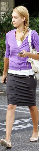 fitted purple cardigan with white t-shirt and black pencil skirt