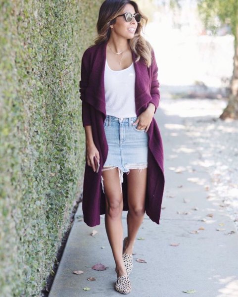 long purple cardigan with white vest with scoop neck and denim skirt