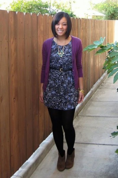 purple cardigan with black printed tunic and belted tunic