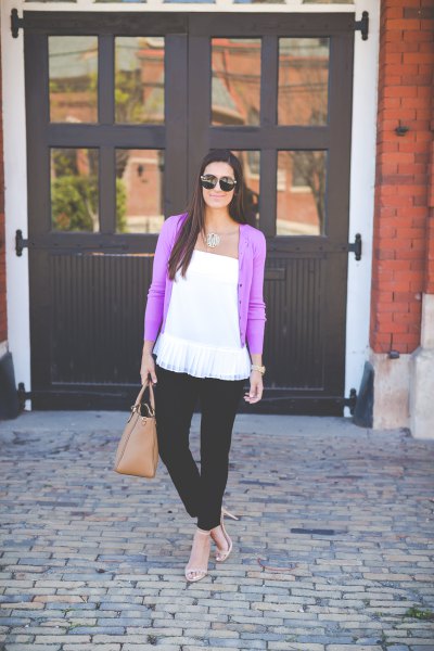purple sweater with white strapless peplum