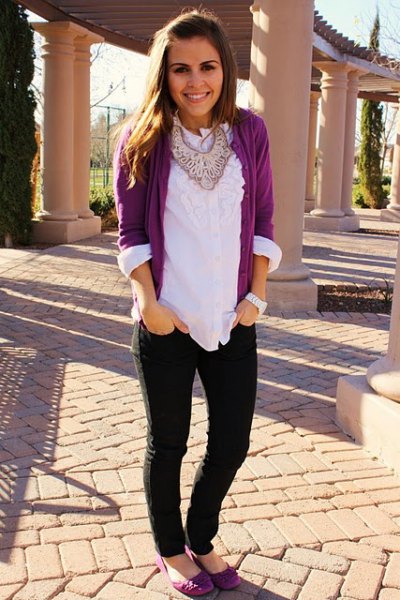 gray cardigan with white blouse with ruffle neckline