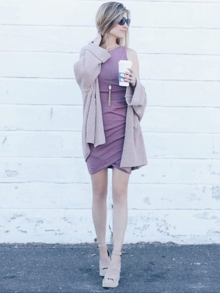 Light purple cardigan with matching sleeveless shift mini tulip dress