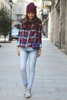 silver navy ankle boots and brown plaid boyfriend shirt