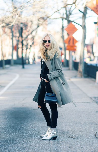 gray wool coat silver leather ankle boots