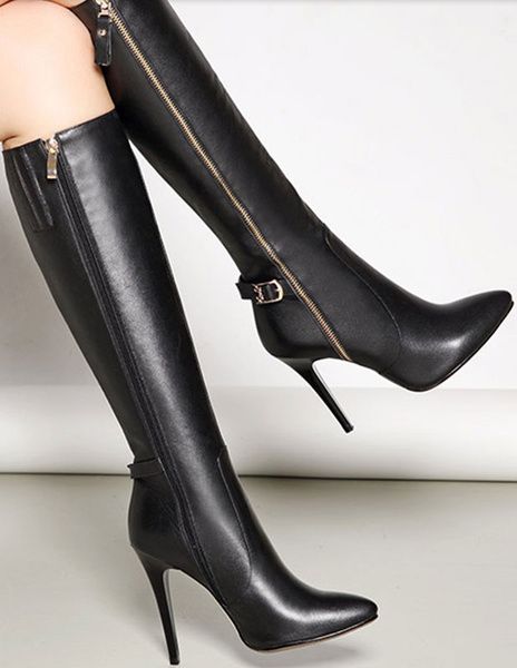 Knee High Boots Black High Heels Pointed Toe Zipper Party Boots for.