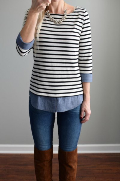 black and white striped boat neck top, chambray shirt and over the knee boots