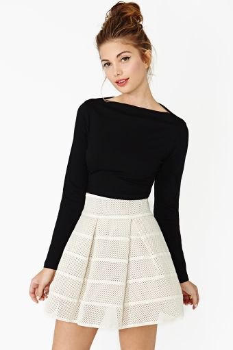 Black Long Sleeve Boat Neck Top and Light Pink Mini Skirt