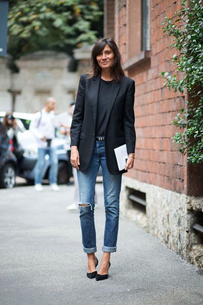 black blazer with crew neck sweater and cuffed jeans