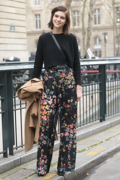 black sweater floral pants with wide legs