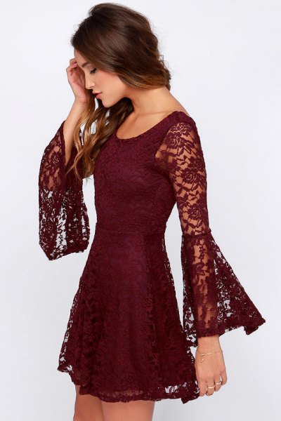 Burgundy lace dress with bell sleeves